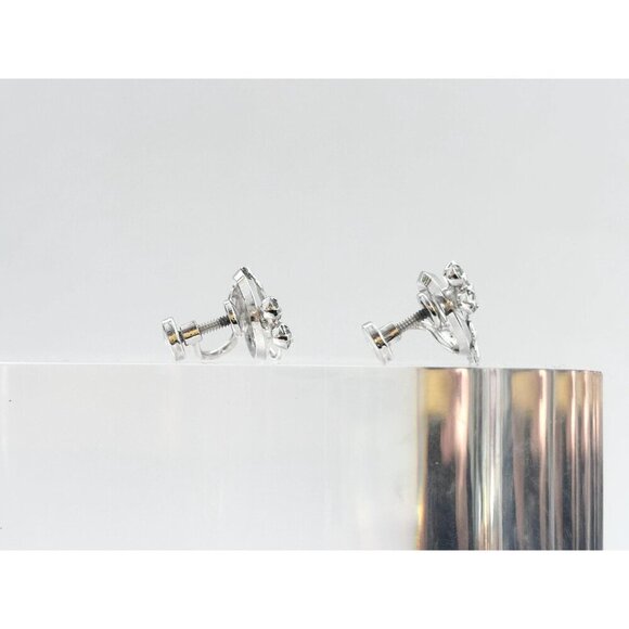 Maple Leaf Screw Back Sterling Silver Rhinestone Vintage Foliage Stud Earrings - Picture 5 of 9